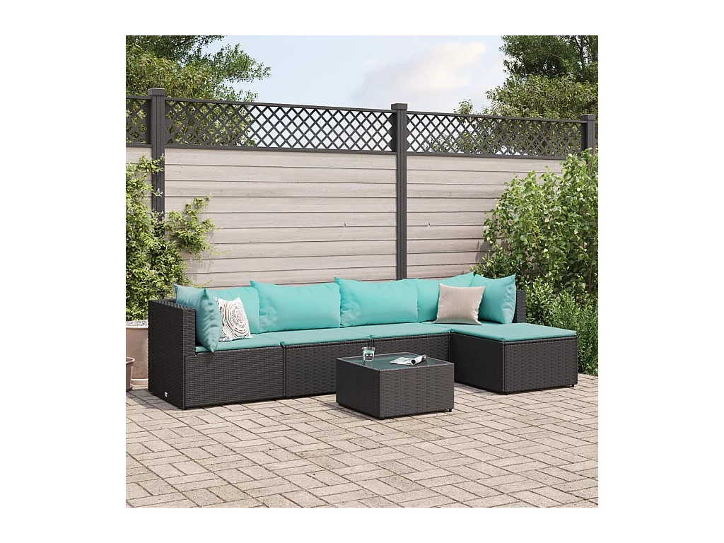 Salon de jardin 6 pcs avec coussins Noir Résine tressée