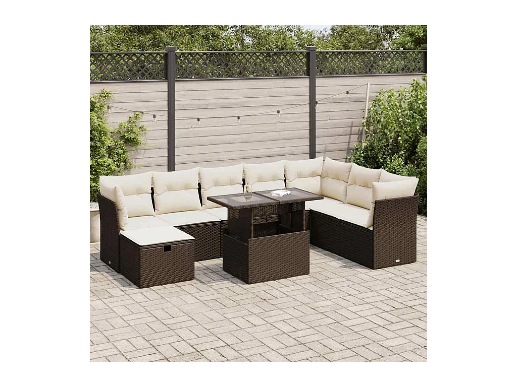 Gartenmöbel-Set mit Kissen 9-tlg. braunes Korbgeflecht