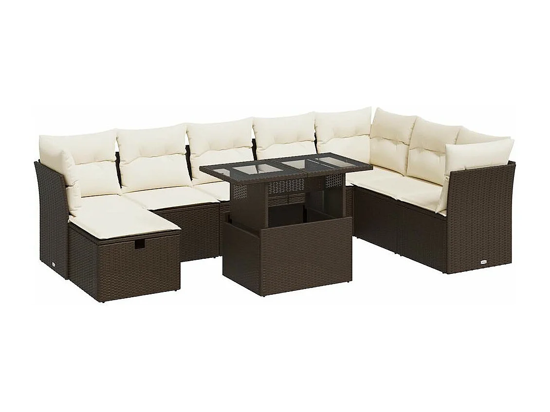 Salon de jardin avec coussins 9 pcs marron résine tressée