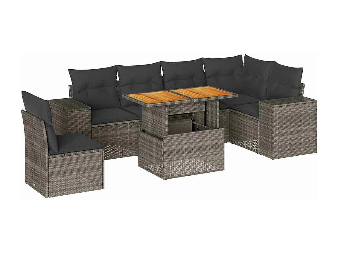 Salon de jardin avec coussins 7 pcs gris résine tressée