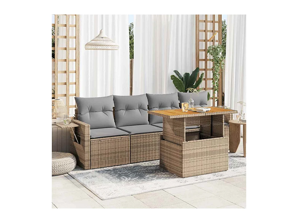 Salon de jardin avec coussins 5 pcs beige résine tressée