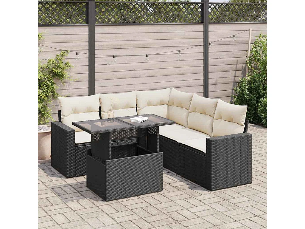 Salon de jardin 6 pcs avec coussins noir résine tressée