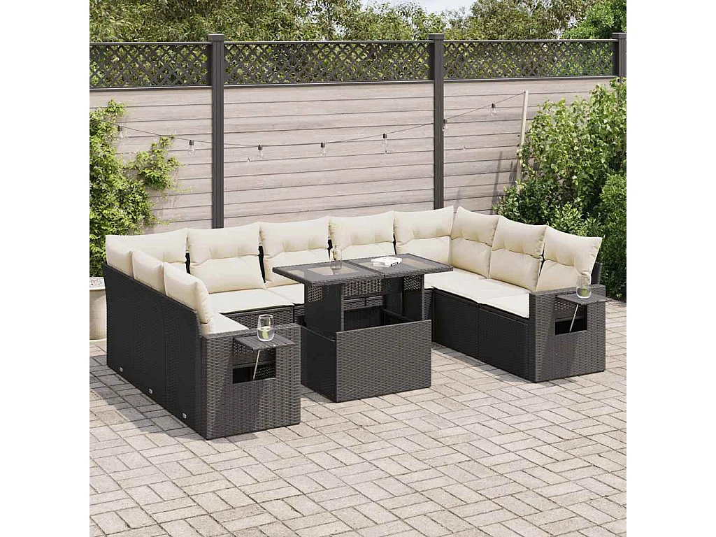 Salon de jardin 10 pcs avec coussins noir résine tressée