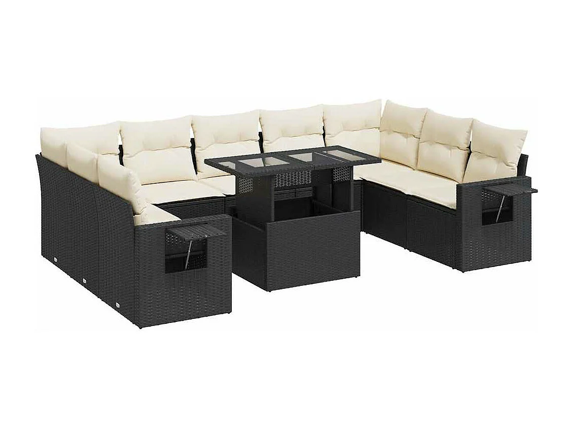 Salon de jardin 10 pcs avec coussins noir résine tressée
