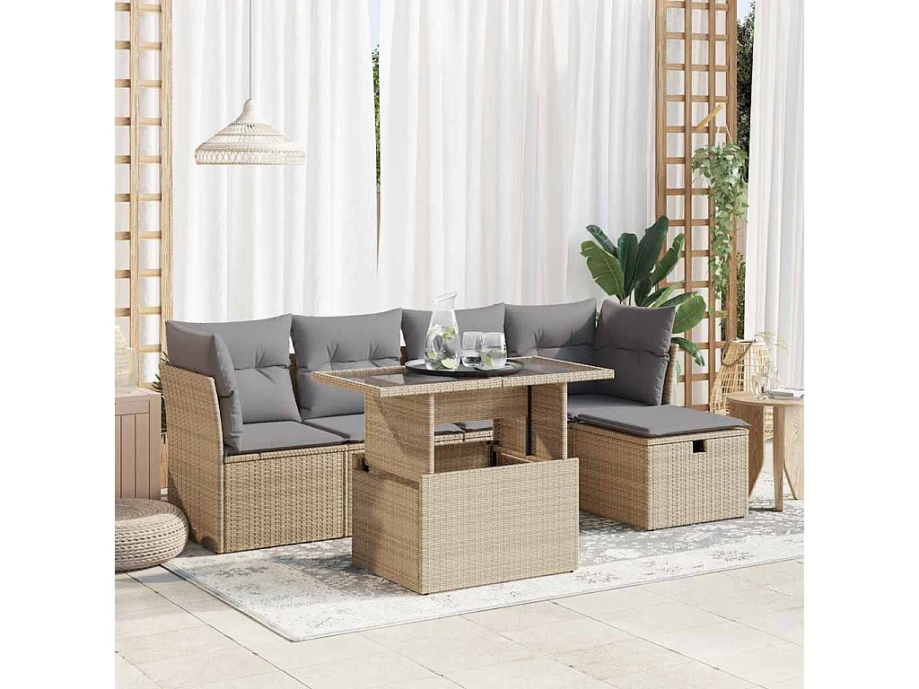Conjunto de muebles de jardín con cojines 6 piezas resina tejida beige
