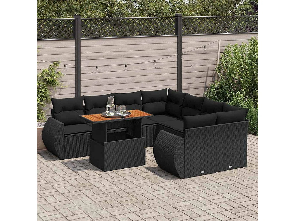 Salon de jardin 9 pcs avec coussins noir résine tressée