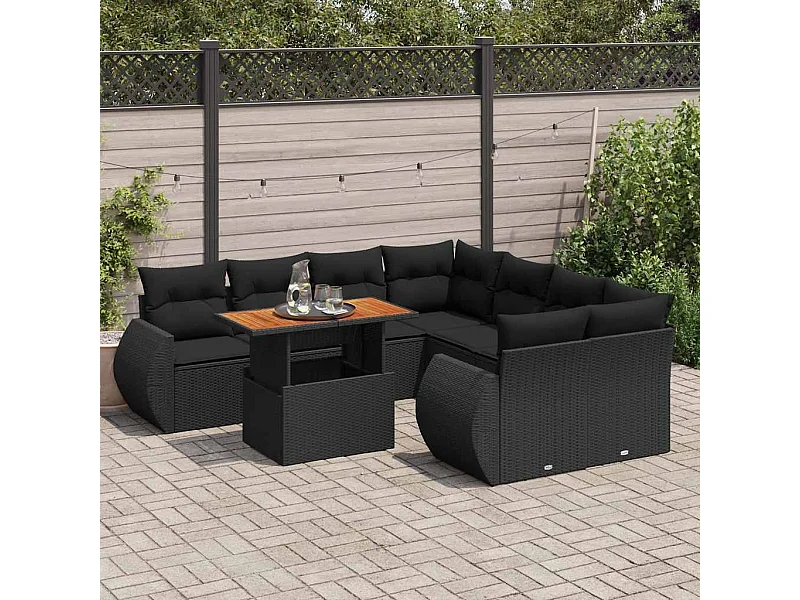Salon de jardin 9 pcs avec coussins noir résine tressée