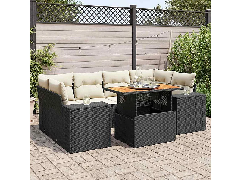 Conjunto de móveis de jardim de 7 peças com almofadas pretas em resina trançada