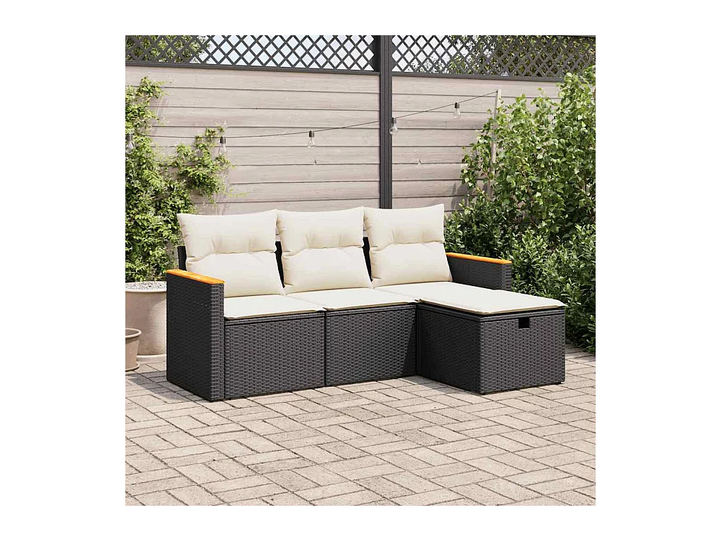 Salon de jardin 4 pcs avec coussins noir résine tressée