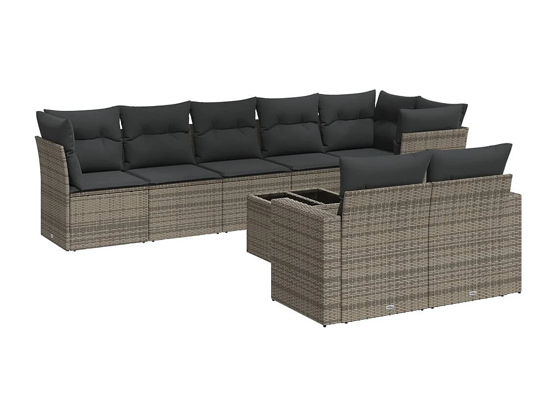 Salon de jardin 9 pcs avec coussins gris résine tressée