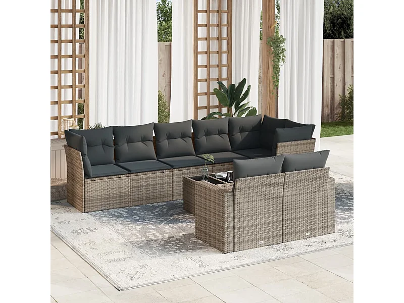 Conjunto de muebles de jardín de 9 piezas con cojines grises en resina trenzada