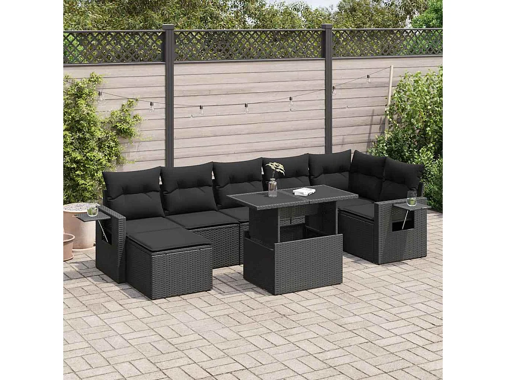 8-teiliges Gartenmöbelset mit schwarzen Kissen aus gewebtem Harz