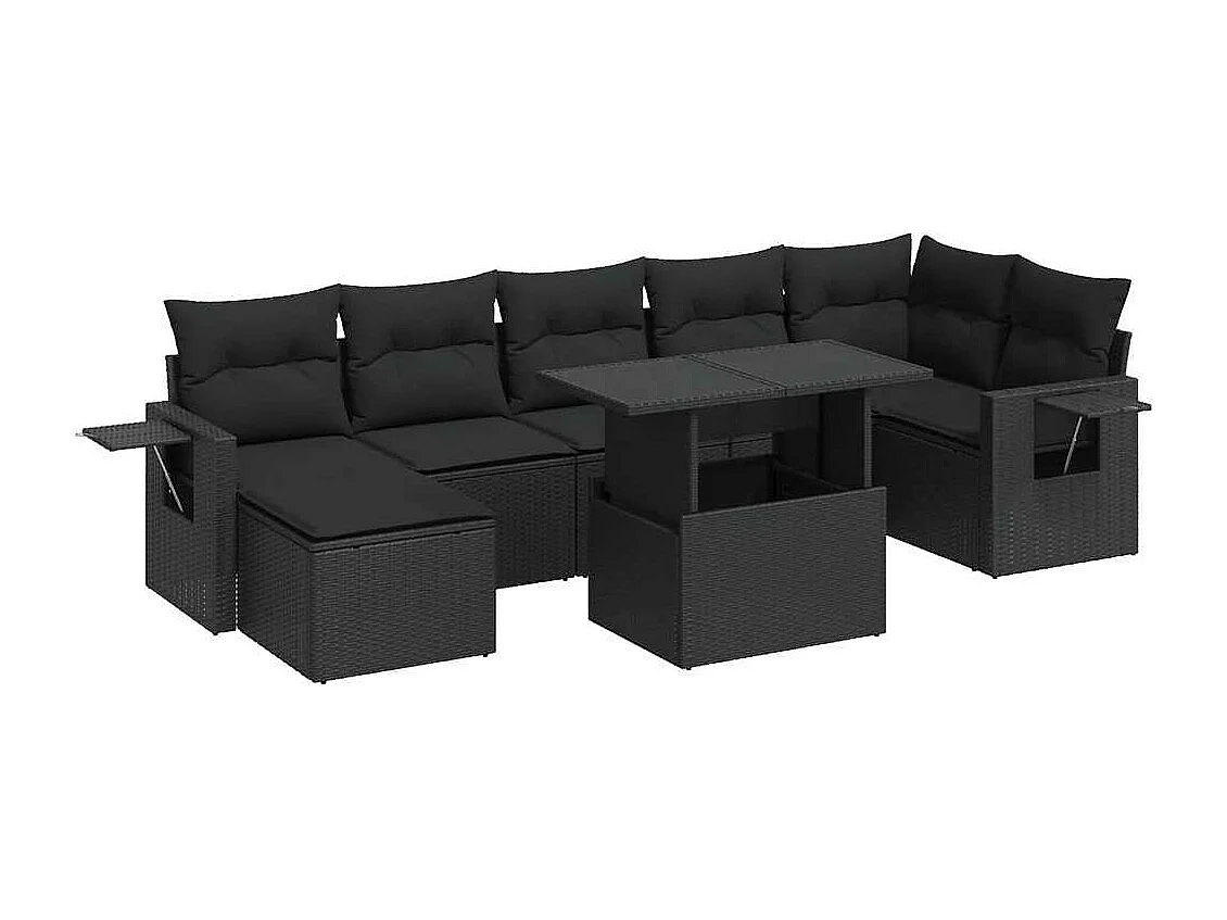 8-teiliges Gartenmöbelset mit schwarzen Kissen aus gewebtem Harz