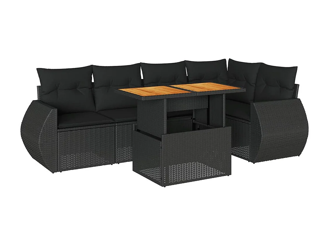 Set di mobili da giardino da 6 pezzi con cuscini neri in resina intrecciata