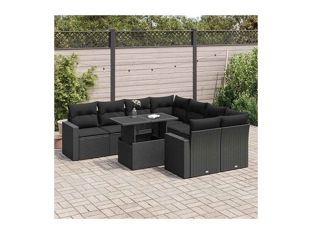 Set di mobili da giardino da 9 pezzi con cuscini neri in resina intrecciata