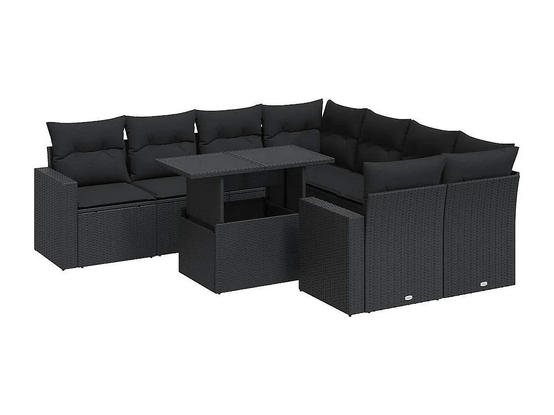 Salon de jardin 9 pcs avec coussins noir résine tressée
