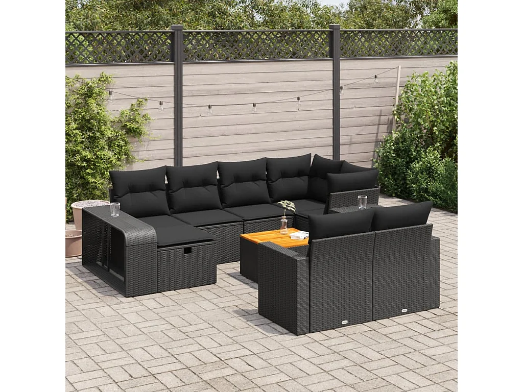 Set di mobili da giardino da 11 pezzi con cuscini neri in resina intrecciata