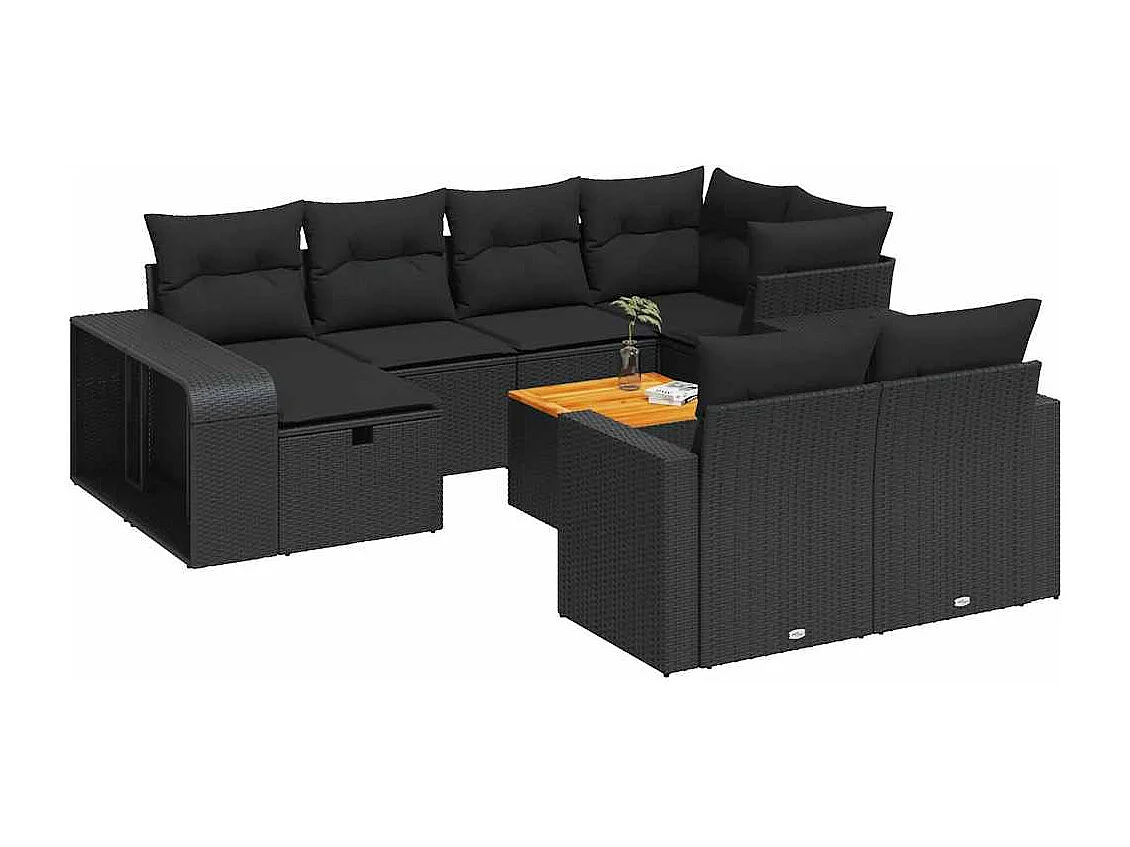Set di mobili da giardino da 11 pezzi con cuscini neri in resina intrecciata