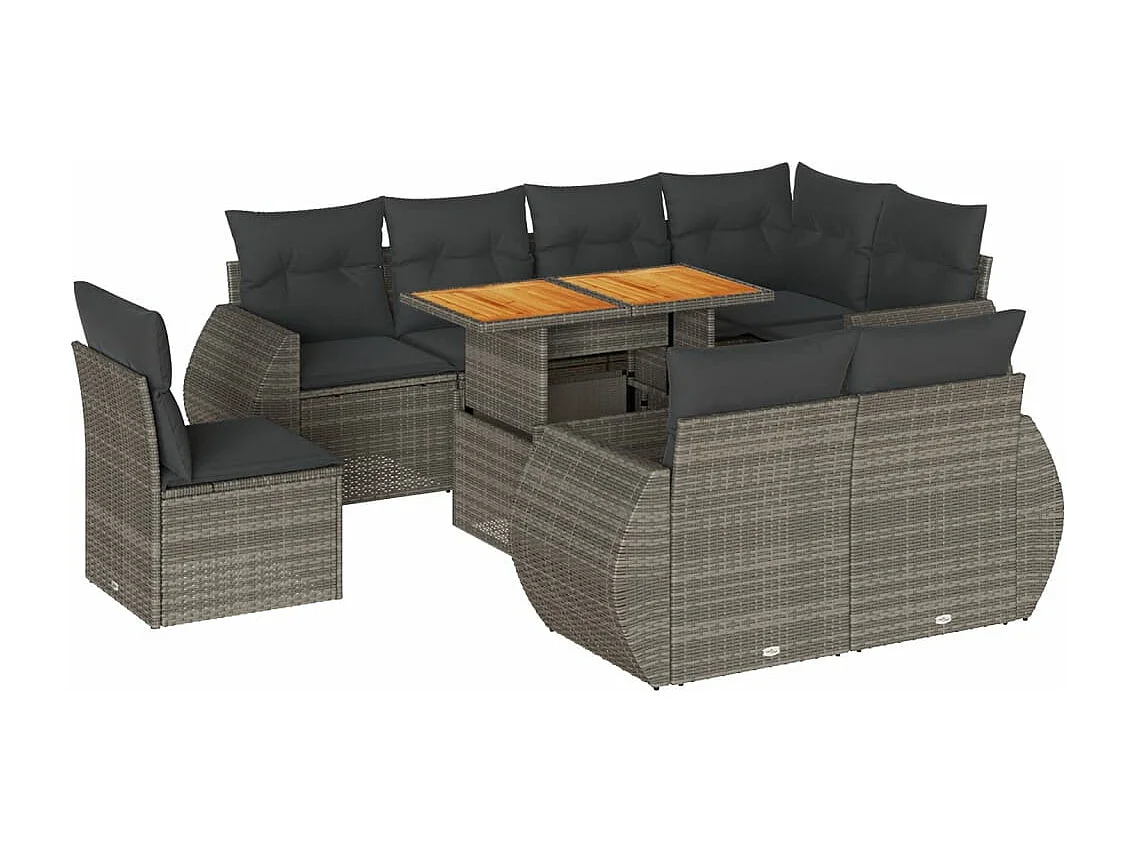 Conjunto de móveis de jardim de 9 peças com almofadas cinza em resina trançada