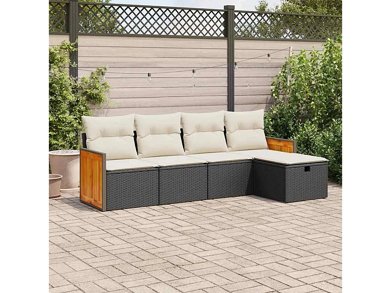 Set di mobili da giardino da 5 pezzi con cuscini neri in resina intrecciata