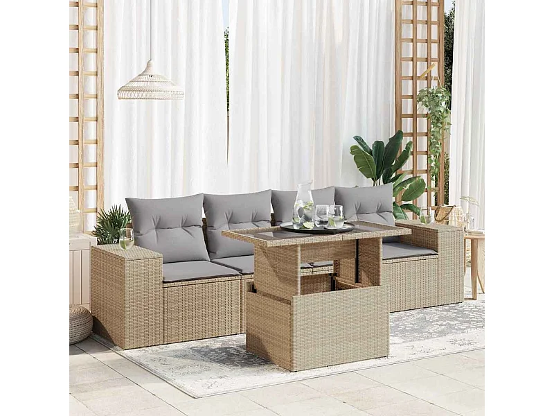 Conjunto de móveis de jardim com almofadas 5 peças resina tecida bege