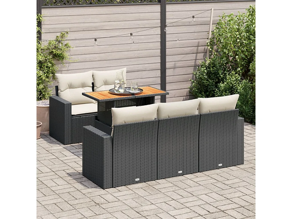 6-teiliges Gartenmöbelset mit schwarzen Kissen aus gewebtem Harz