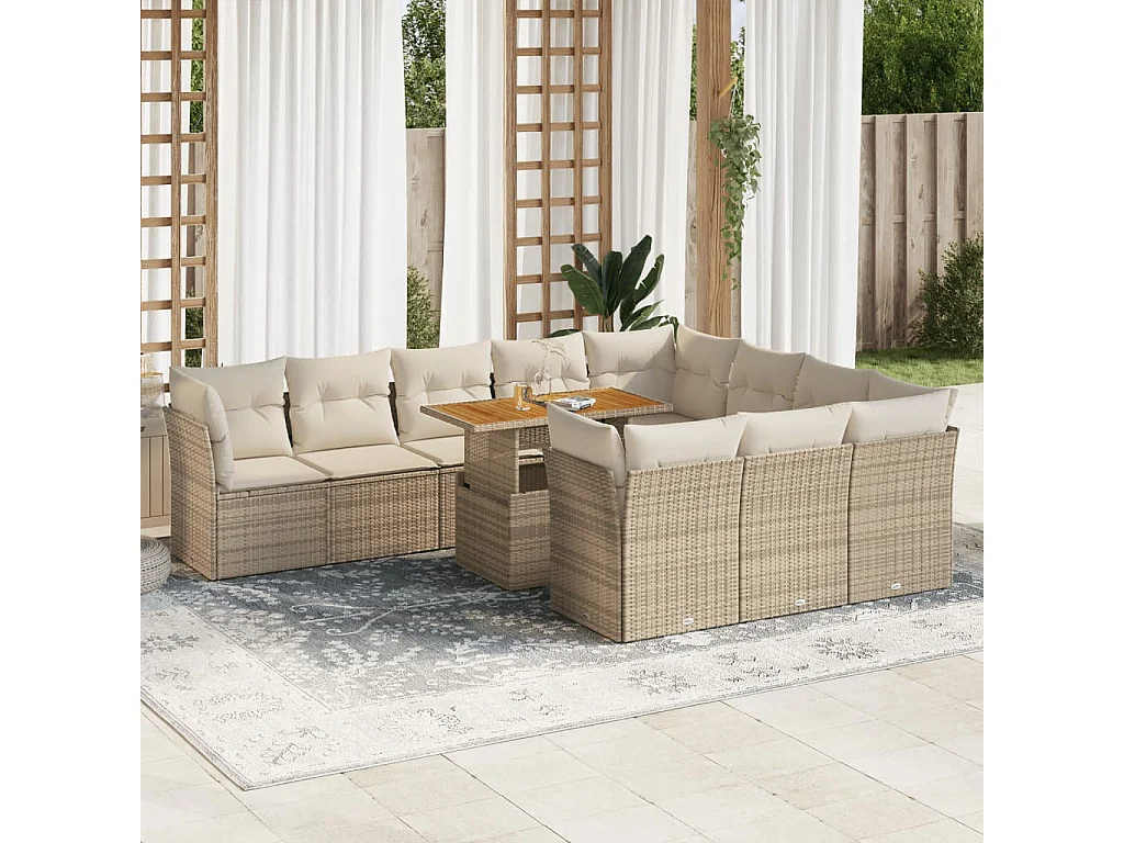 Salon de jardin 11 pcs avec coussins beige résine tressée