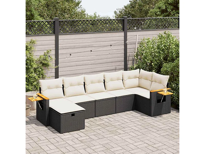 Salon de jardin 7 pcs avec coussins noir résine tressée