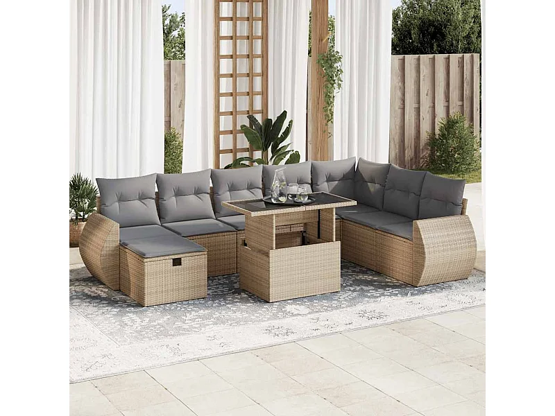 Set mobili da giardino con cuscini 9 pezzi in resina intrecciata beige