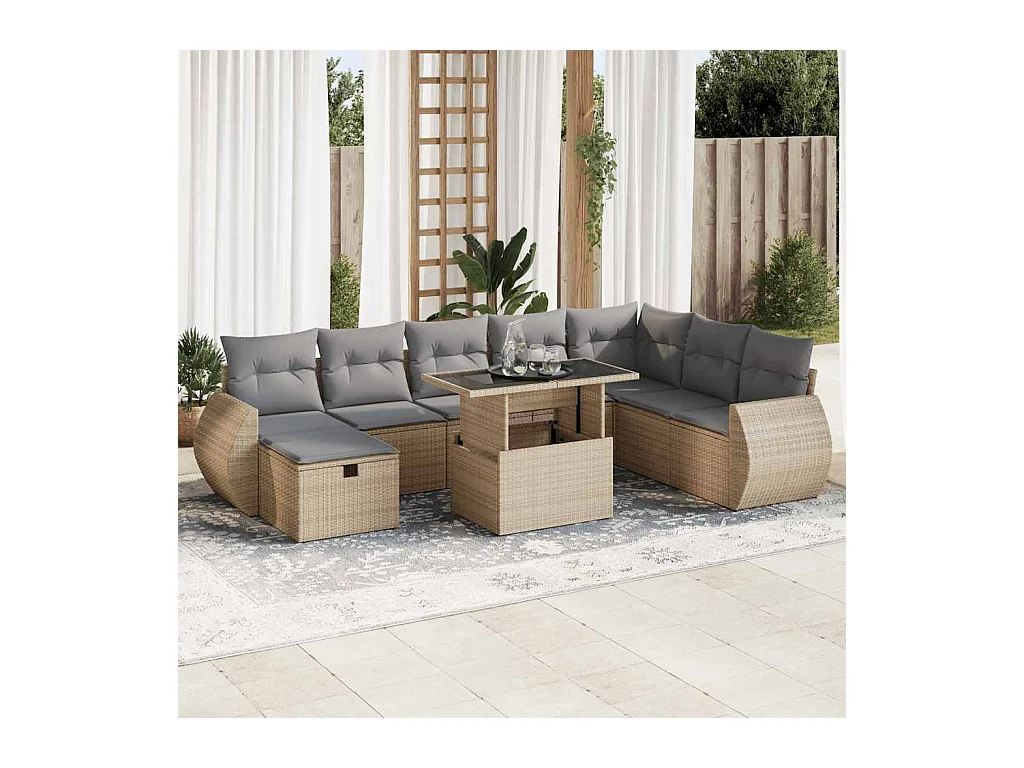 Salon de jardin avec coussins 9 pcs beige résine tressée