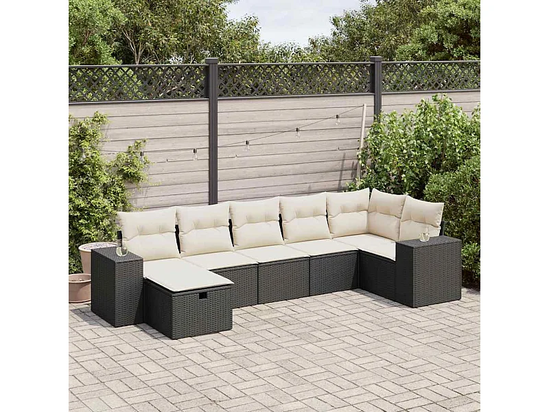 Set di mobili da giardino 7 pezzi con cuscini neri in resina intrecciata