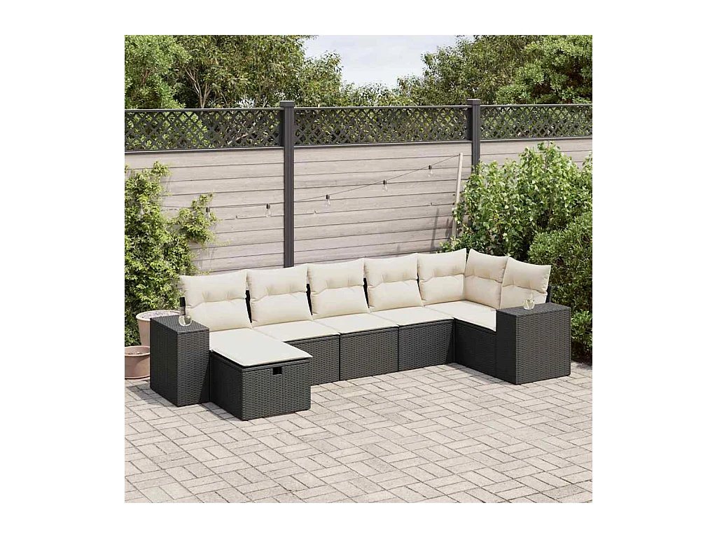 Salon de jardin 7 pcs avec coussins noir résine tressée