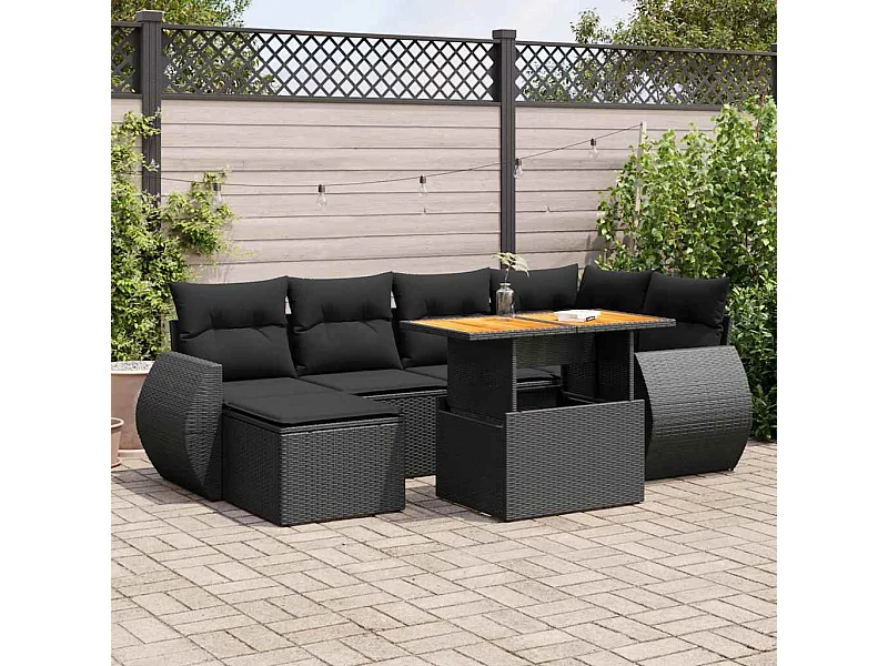 Salon de jardin 7 pcs avec coussins noir résine tressée
