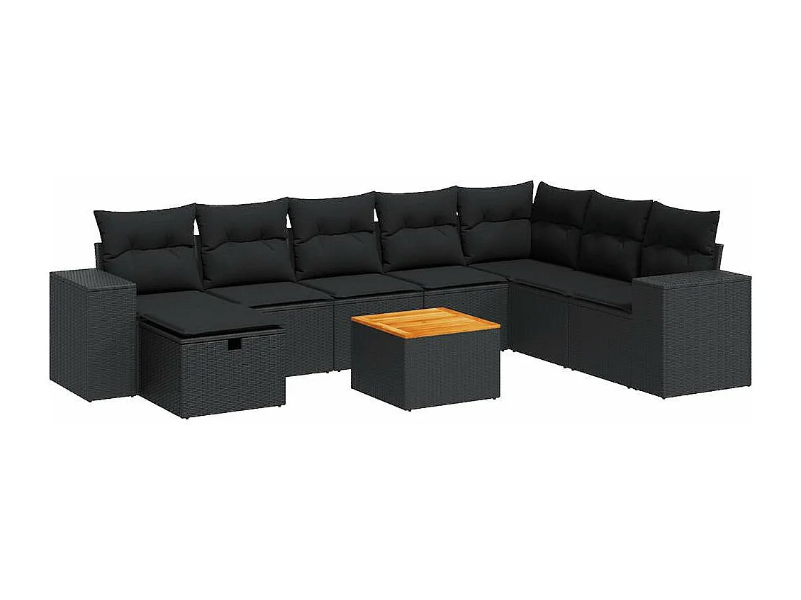 Conjunto de móveis de jardim de 9 peças com almofadas pretas em resina trançada