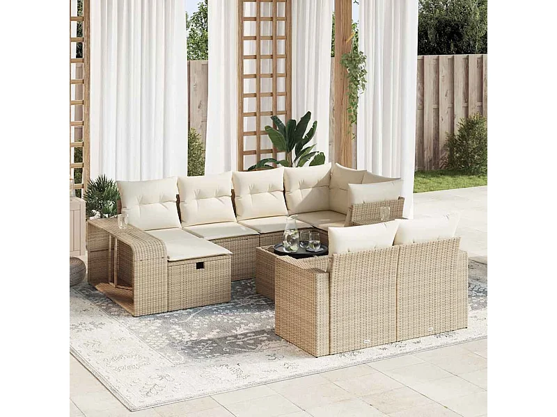 Set di mobili da giardino da 11 pezzi con cuscini in vimini di resina beige