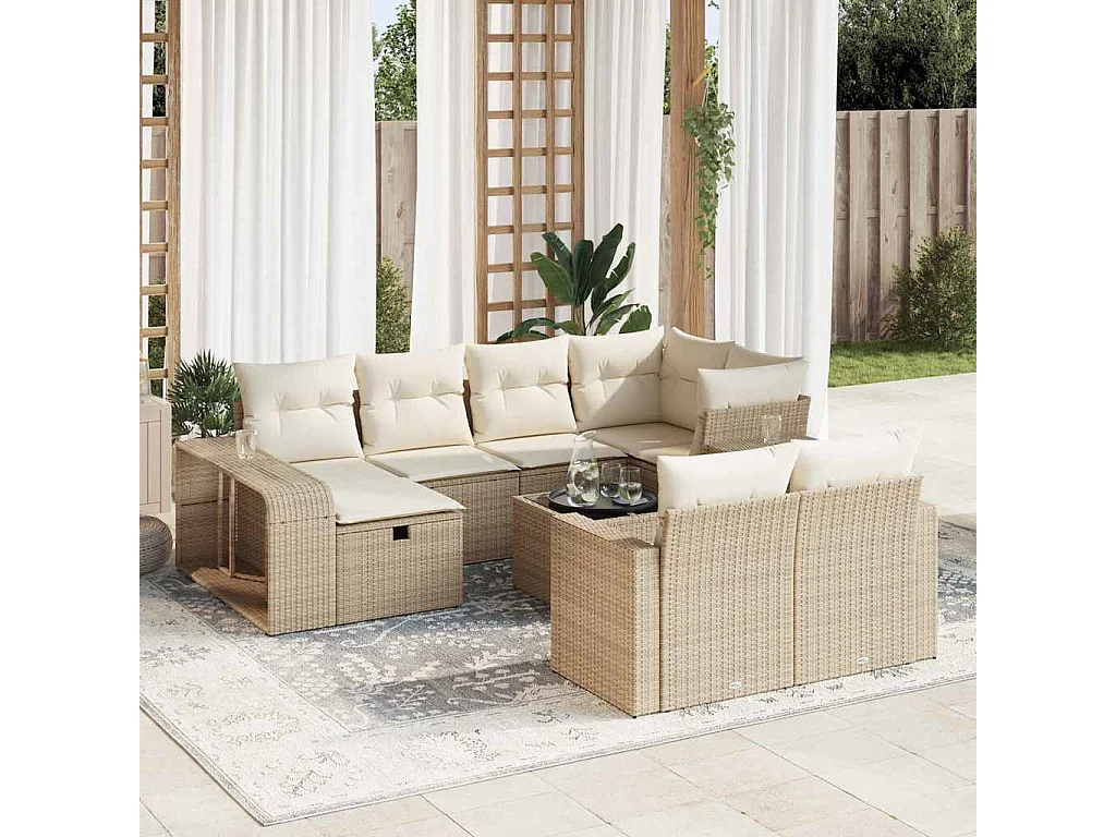 Salon de jardin 11 pcs avec coussins beige résine tressée