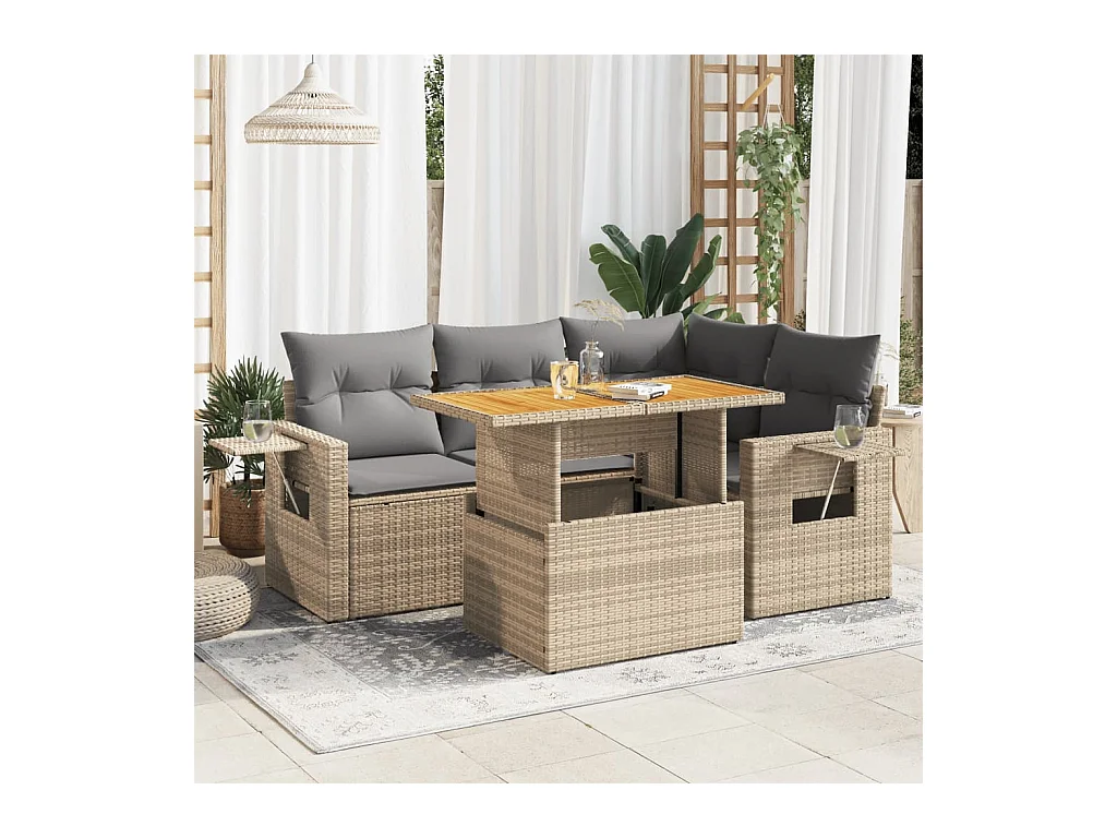 Salon de jardin avec coussins 5 pcs beige résine tressée