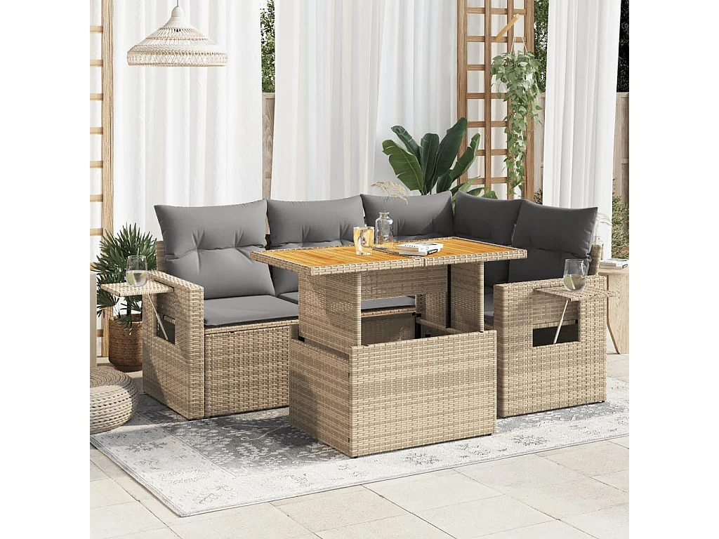 Salon de jardin avec coussins 5 pcs beige résine tressée