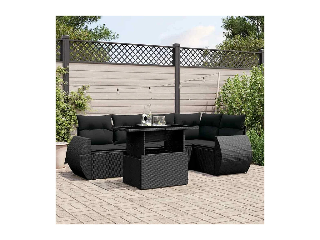 Set di mobili da giardino da 6 pezzi con cuscini neri in resina intrecciata