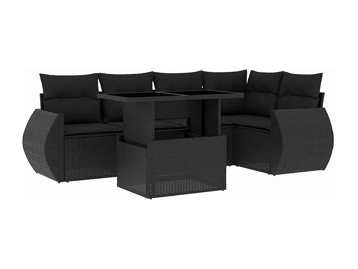 Salon de jardin 6 pcs avec coussins noir résine tressée
