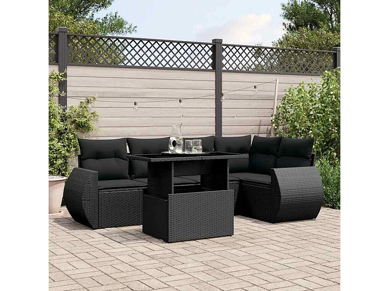 Salon de jardin 6 pcs avec coussins noir résine tressée