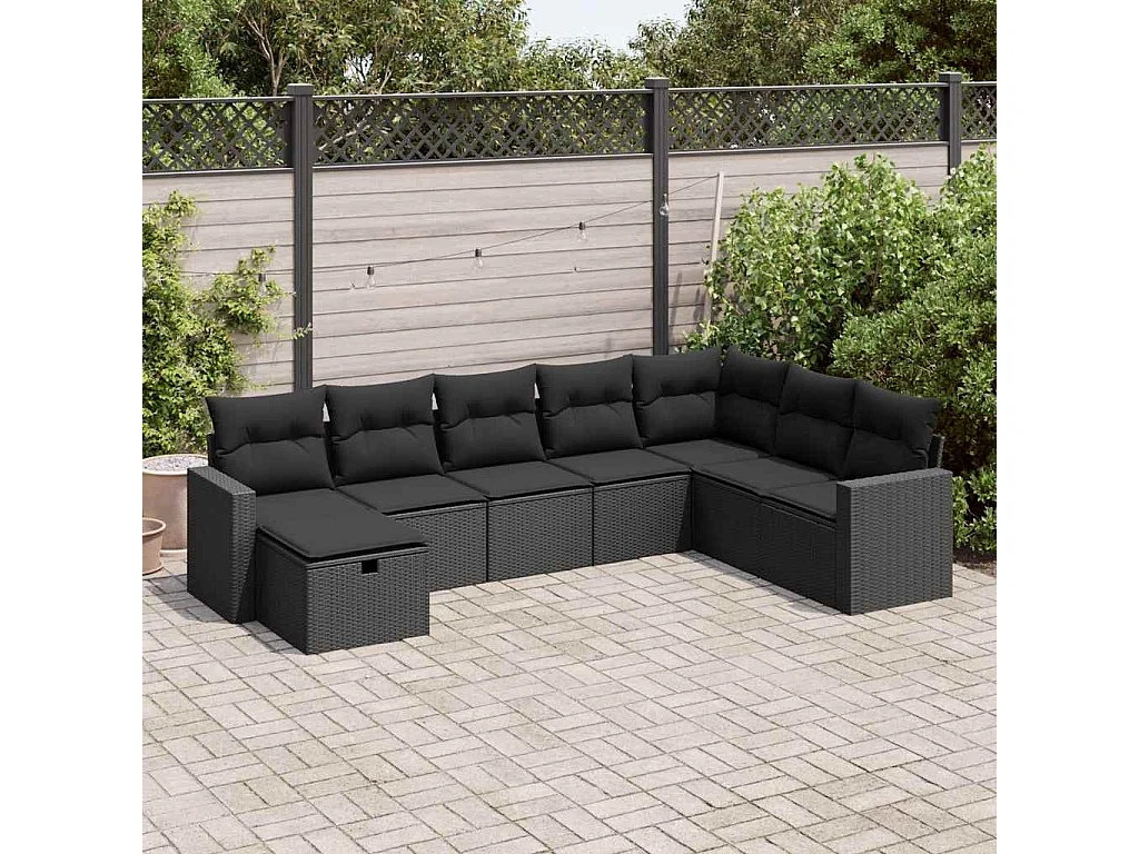 Salon de jardin 8 pcs avec coussins noir résine tressée