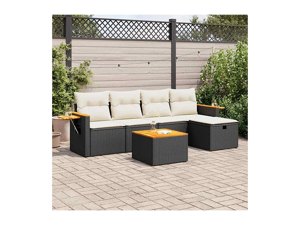 Salon de jardin 6 pcs avec coussins noir résine tressée