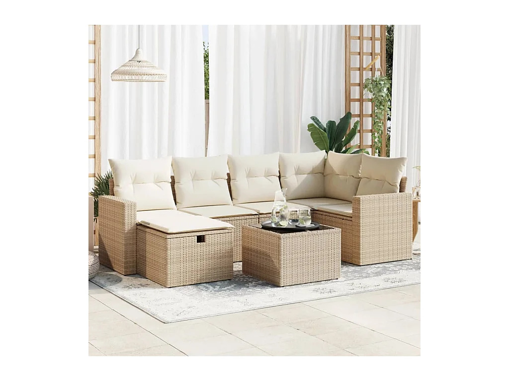Set mobili da giardino con cuscini 7 pz beige resina intrecciata