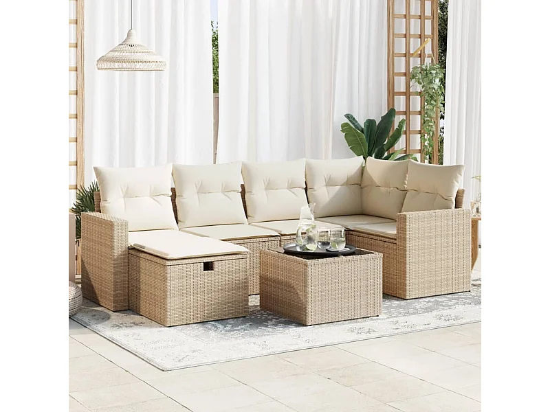 Set mobili da giardino con cuscini 7 pz beige resina intrecciata