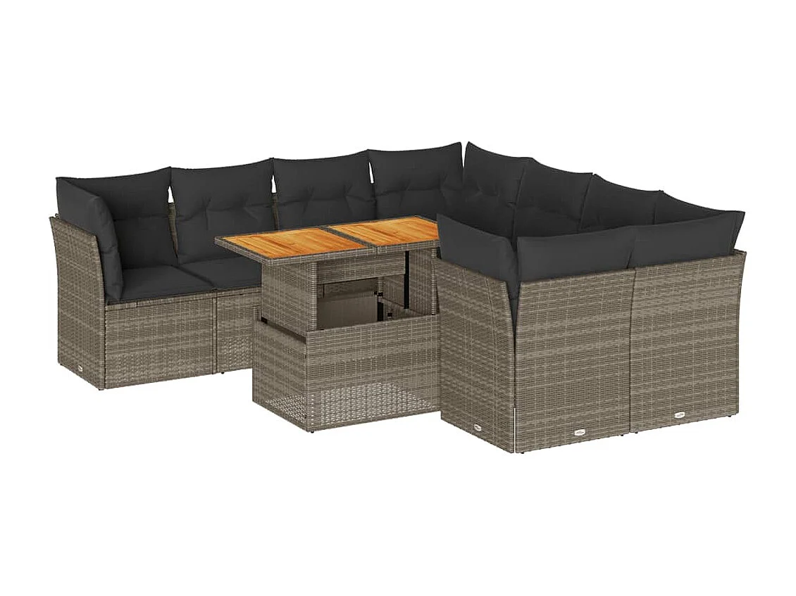 Salon de jardin 9 pcs avec coussins gris résine tressée