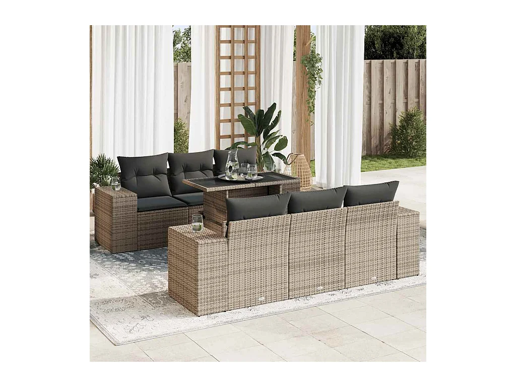Salon de jardin avec coussins 7 pcs gris résine tressée