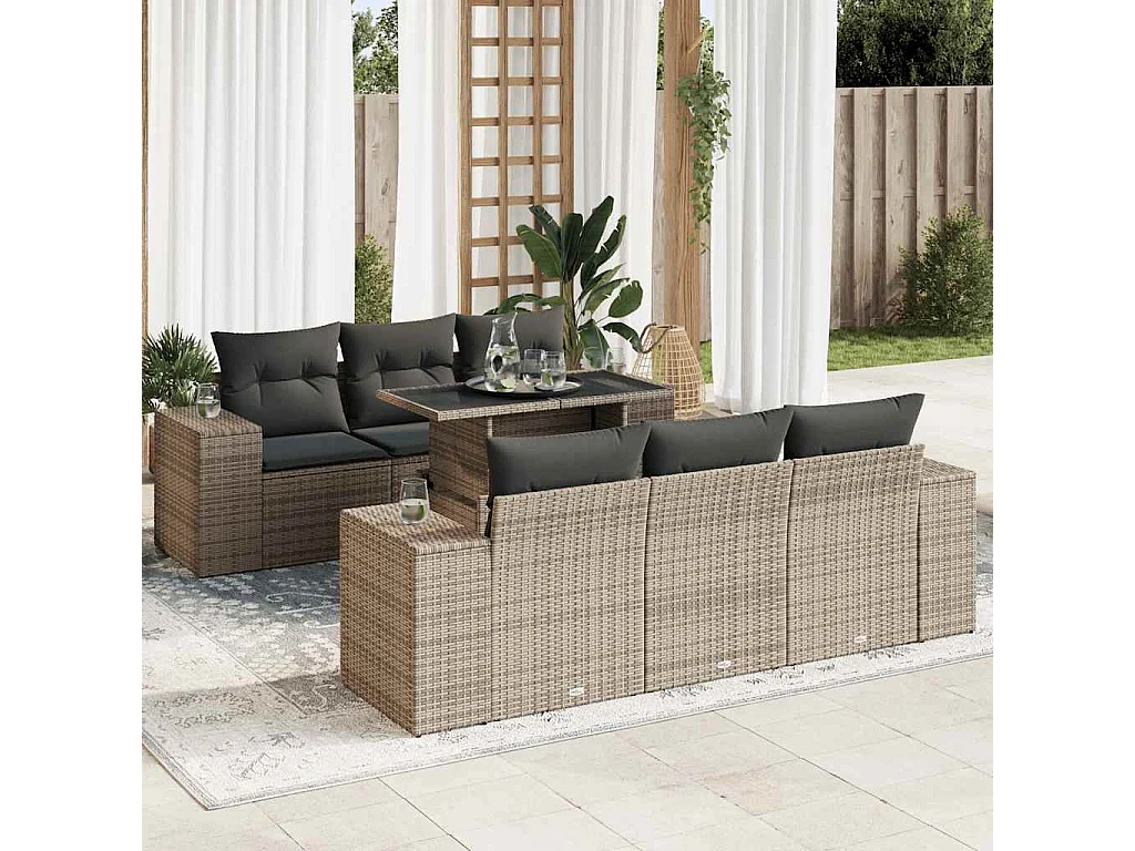 Salon de jardin avec coussins 7 pcs gris résine tressée