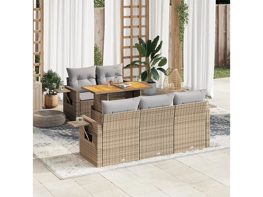 Salon de jardin avec coussins 6 pcs beige résine tressée