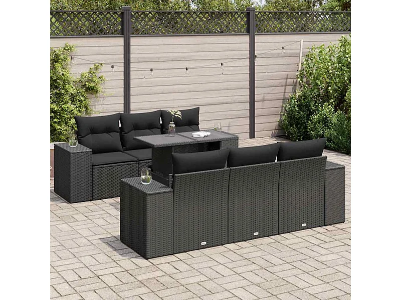 Salon de jardin 7 pcs avec coussins noir résine tressée
